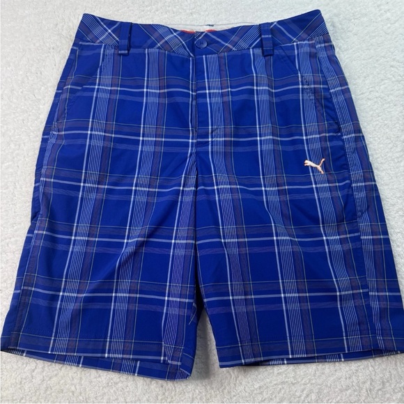 Puma Shorts Mens Blue Plaid Lightweight Logo Pockets Golf Size 30 - Picture 1 of 5